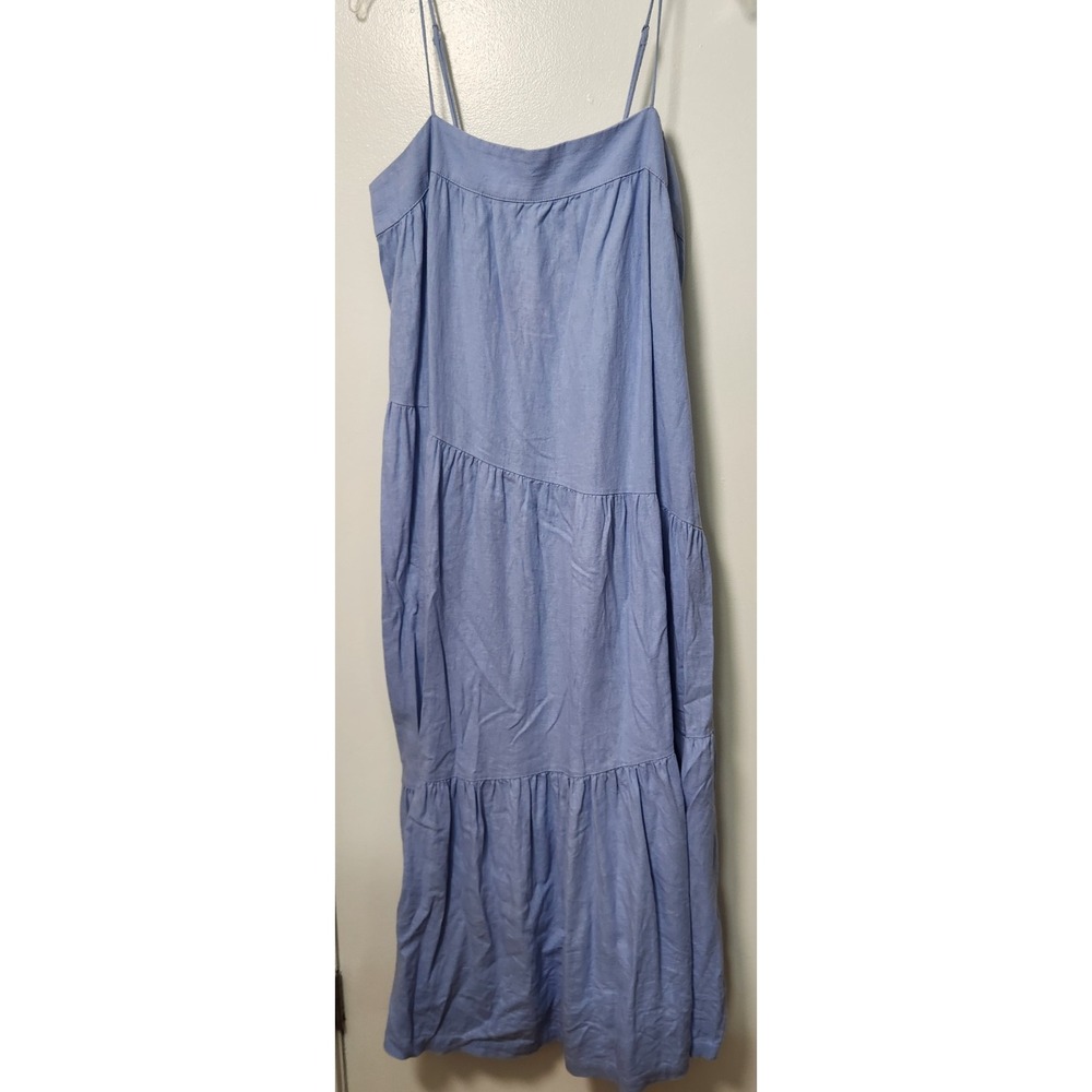Abercrombie & Fitch Linen Blend Maxi Dress Lrg Blue Asymmetric Tiers Adjustable - Picture 2 of 13